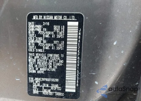 2016 Nissan Quest Platinum/S/Sl/Sv from USA, damaged, VIN JN8AE2KP8G9155286